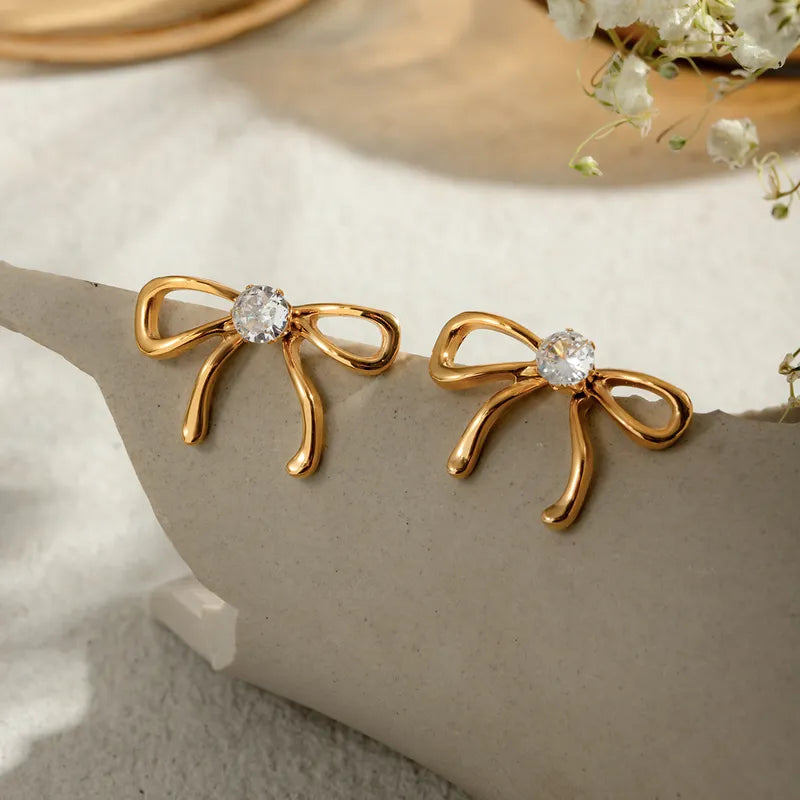 1 Pair Simple Style Classic Style Bow Knot Plating Inlay 304 Stainless Steel Zircon 18K Gold Plated Ear Studs