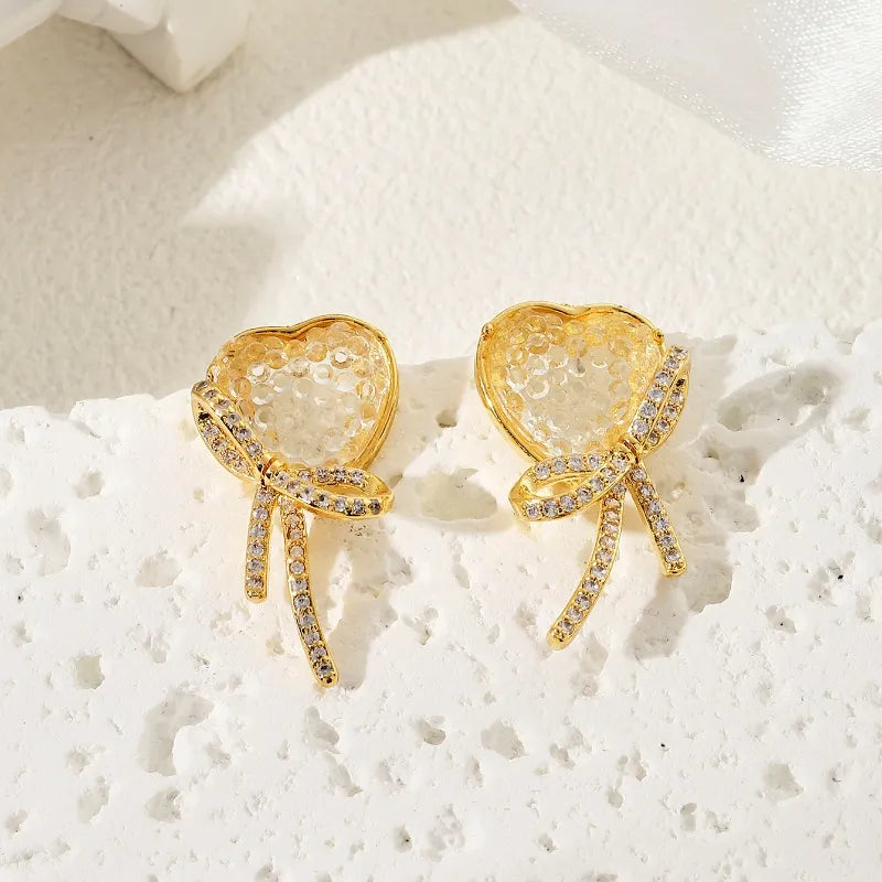 1 Pair Simple Style Classic Style Bow Knot Plating Inlay Copper Zircon 18K Gold Plated Ear Studs