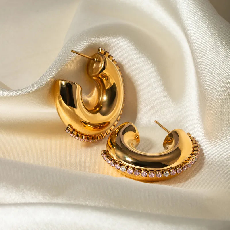 1 Pair Simple Style Classic Style C Shape Plating Inlay 316 Stainless Steel Rhinestones 18K Gold Plated Ear Studs