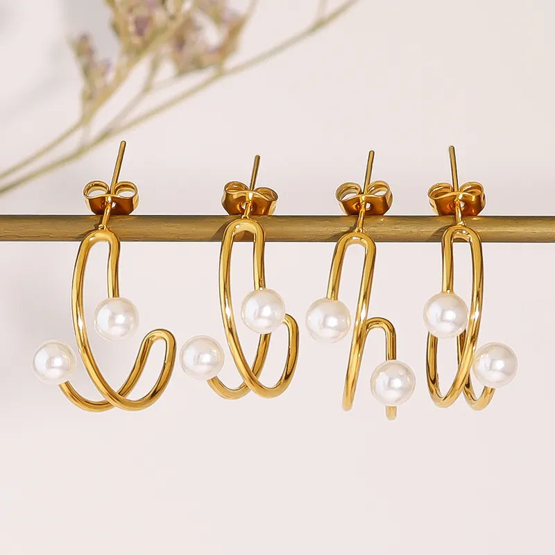 1 Pair Simple Style Classic Style Commute Geometric Inlay 304 Stainless Steel Pearl 18K Gold Plated Ear Studs