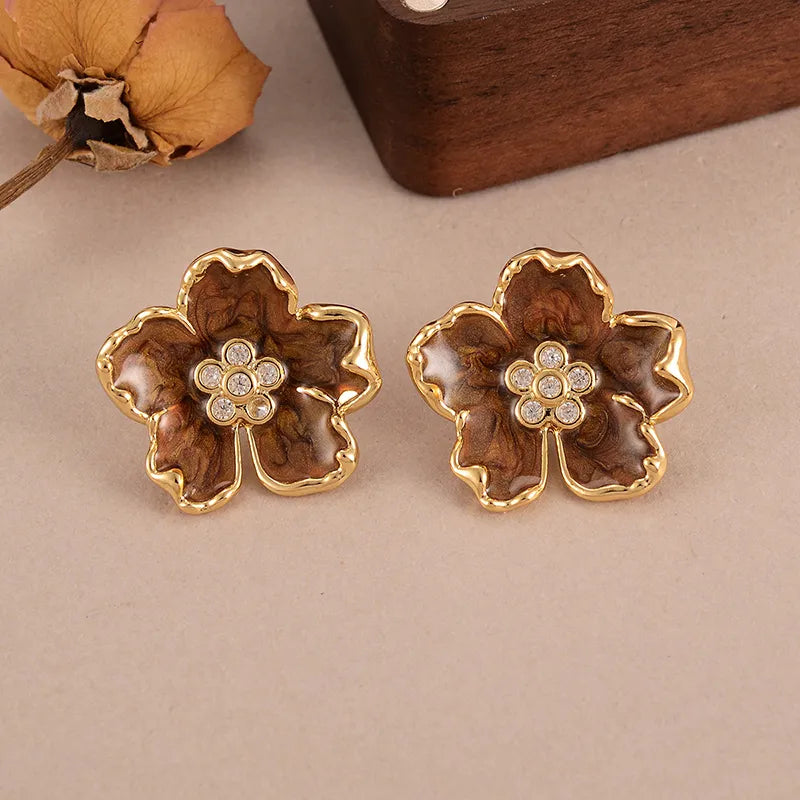 1 Pair Simple Style Classic Style Flower Inlay Copper Zircon 18K Gold Ear Studs