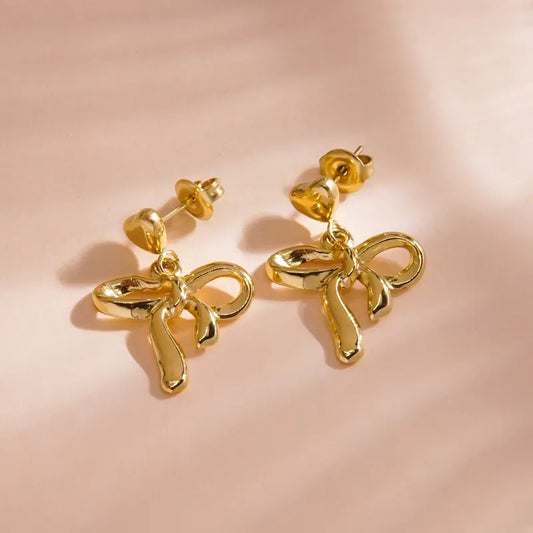 1 Pair Simple Style Classic Style Heart Shape Bow Knot Bowknot 304 Stainless Steel 14K Gold Plated Drop Earrings