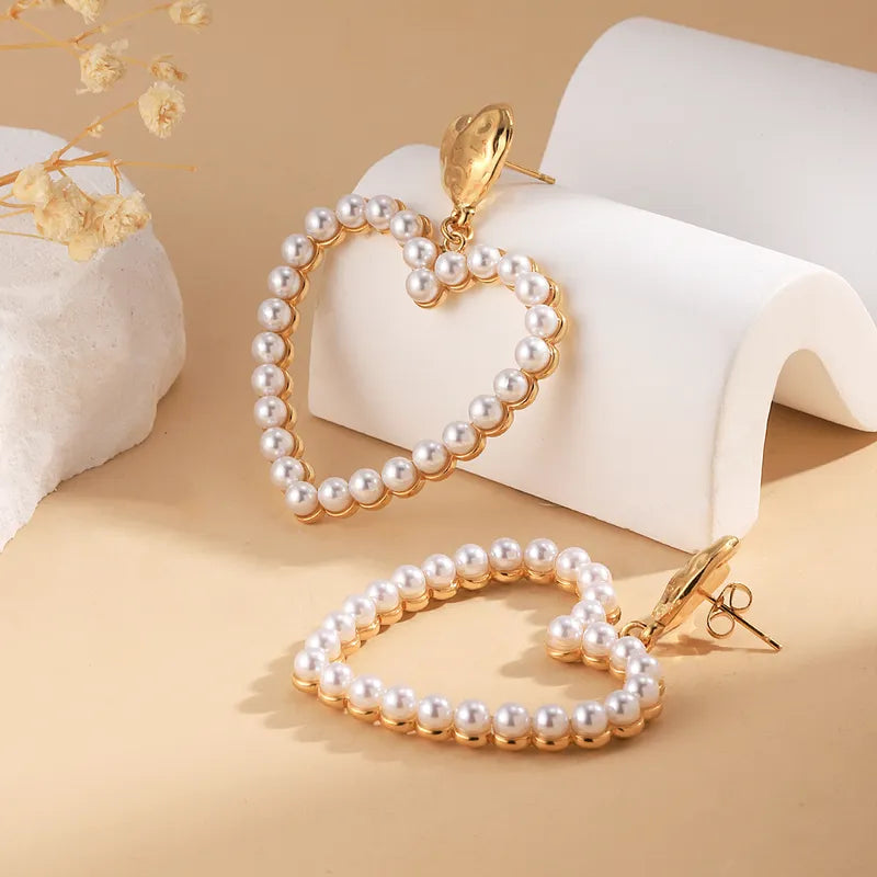 1 Pair Simple Style Classic Style Heart Shape Plating Inlay 304 Stainless Steel Pearl 14K Gold Plated Drop Earrings