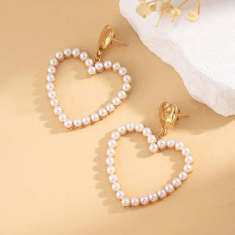 1 Pair Simple Style Classic Style Heart Shape Plating Inlay 304 Stainless Steel Pearl 14K Gold Plated Drop Earrings