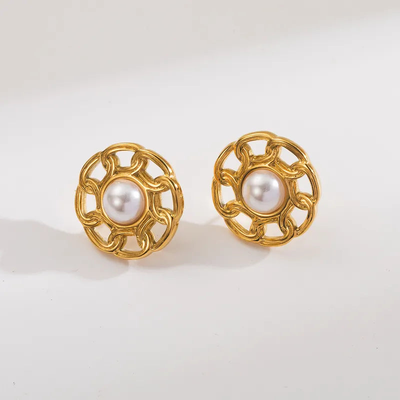 1 Pair Simple Style Classic Style Irregular Round Plating Inlay 304 Stainless Steel Artificial Pearls 18K Gold Plated Ear Studs