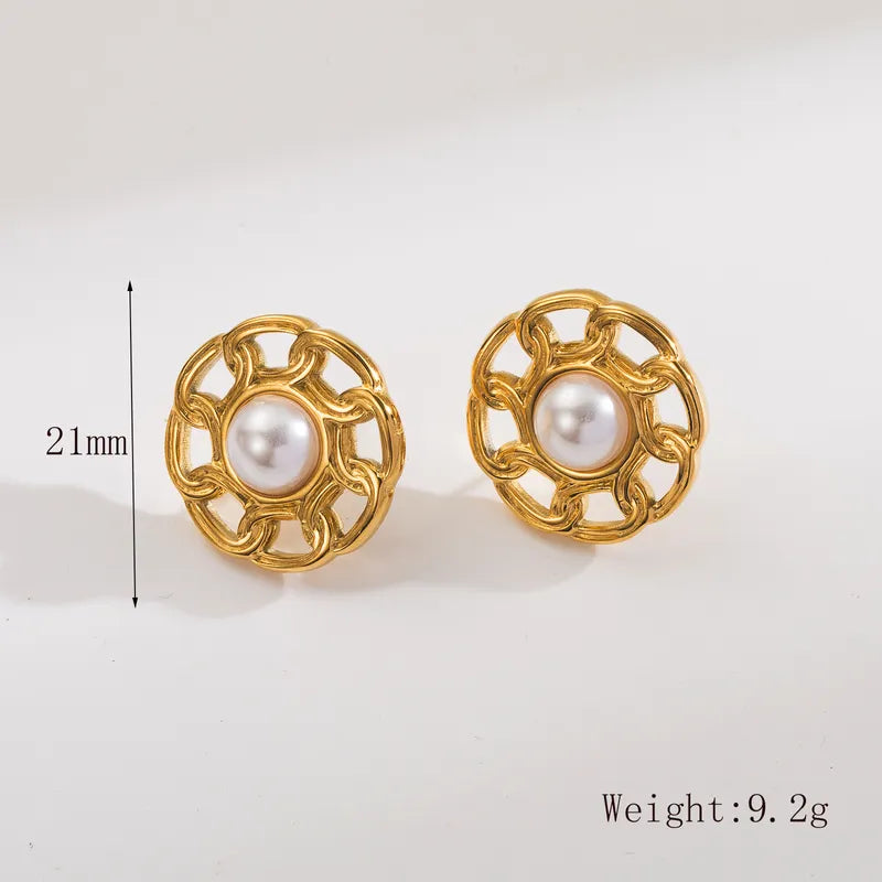 1 Pair Simple Style Classic Style Irregular Round Plating Inlay 304 Stainless Steel Artificial Pearls 18K Gold Plated Ear Studs