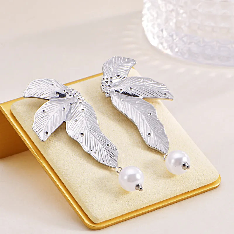 1 Pair Simple Style Classic Style Leaf Plating 304 Stainless Steel Drop Earrings