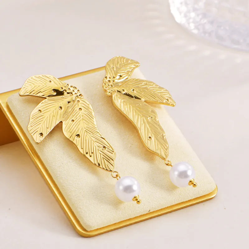 1 Pair Simple Style Classic Style Leaf Plating 304 Stainless Steel Drop Earrings