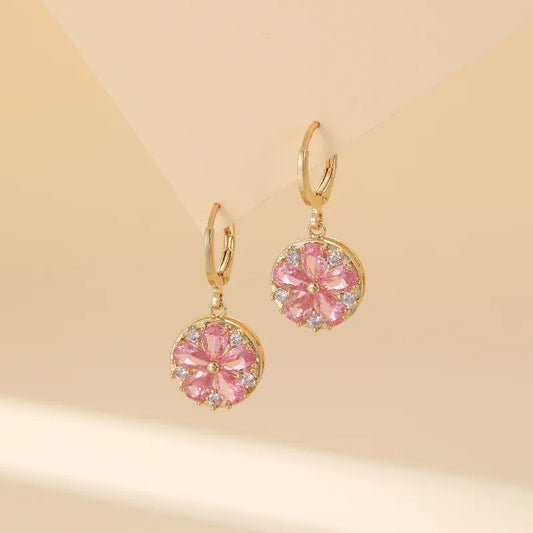 1 Pair Simple Style Classic Style Round Flower Inlay Copper Zircon Drop Earrings