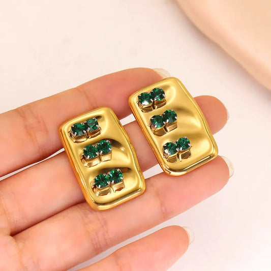 Style Solid Color Plating Inlay 304 Stainless Steel Zircon 18K Gold Plated Ear Studs