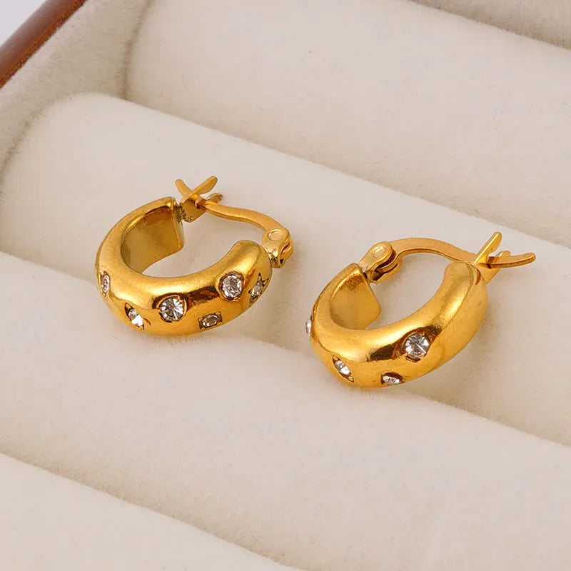 1 Pair Simple Style Classic Style Solid Color Plating Inlay 304 Stainless Steel Zircon 18K Gold Plated Ear Studs