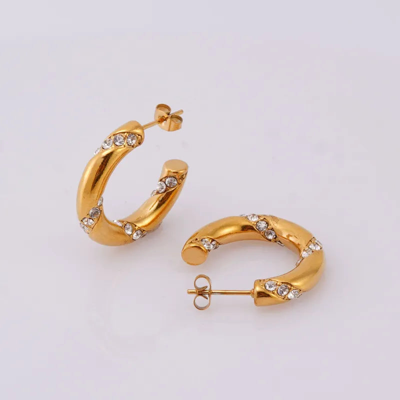 1 Pair Simple Style Classic Style Solid Color Plating Inlay 304 Stainless Steel Zircon 18K Gold Plated Ear Studs