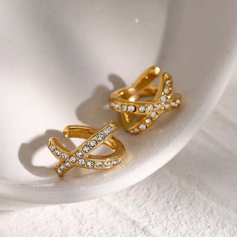 1 Pair Simple Style Classic Style Solid Color Plating Inlay 316 Stainless Steel Rhinestones 18K Gold Plated Ear Cuffs