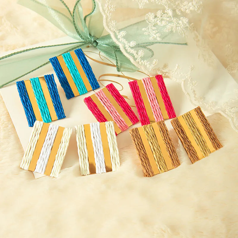 Style Classic Style Square Stripe Plating Stainless Steel Raffia Gold Plated Ear Studs