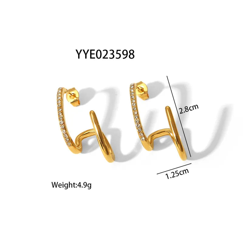 1 Pair Simple Style Classic Style U Shape Irregular Asymmetrical Layered 304 Stainless Steel Artificial Rhinestones Rhinestones 18K Gold Plated Ear Studs