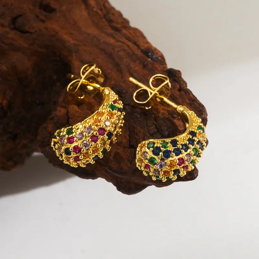 Classic Style Water Droplets Enamel Inlay Copper Rhinestones 18K Gold Plated Ear Studs