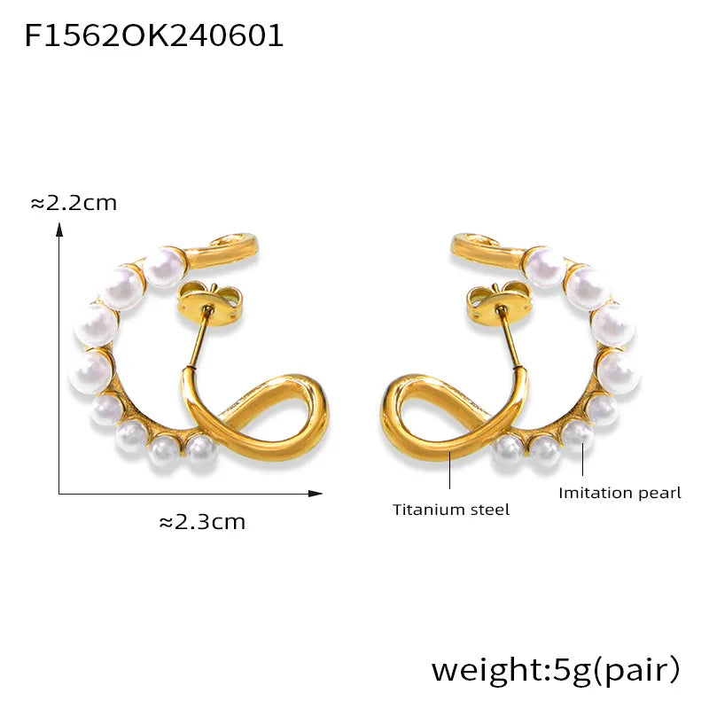 1 Pair Simple Style Commute C Shape Round Lines Plating Inlay 304 Stainless Steel Artificial Pearls 18K Gold Plated Ear Studs