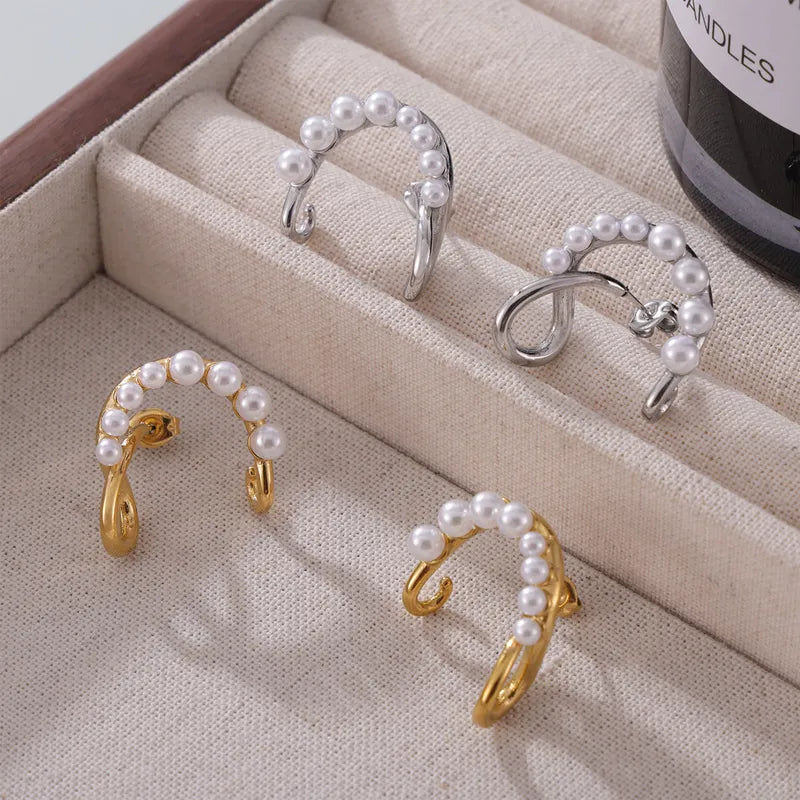 1 Pair Simple Style Commute C Shape Round Lines Plating Inlay 304 Stainless Steel Artificial Pearls 18K Gold Plated Ear Studs