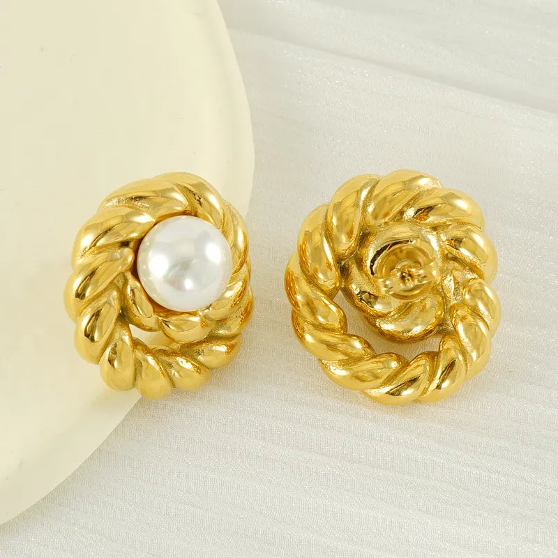 1 Pair Simple Style Commute Geometric Inlay Titanium Steel Artificial Pearls 18K Gold Plated Ear Studs