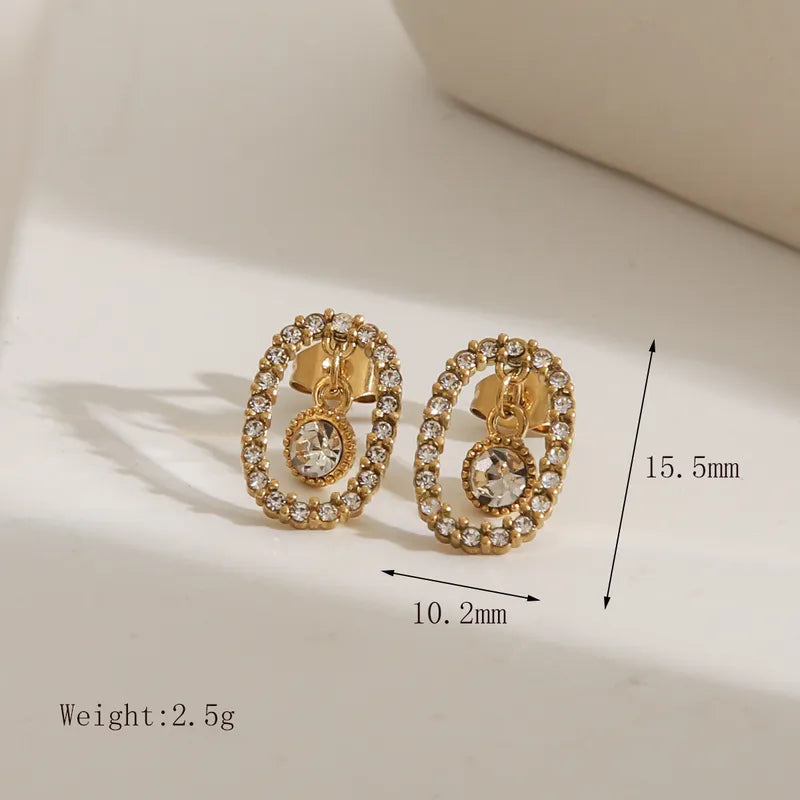 1 Pair Simple Style Commute Oval Solid Color Hollow Out Inlay 304 Stainless Steel Zircon 18K Gold Plated Ear Studs