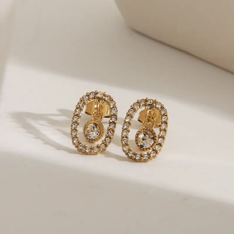 1 Pair Simple Style Commute Oval Solid Color Hollow Out Inlay 304 Stainless Steel Zircon 18K Gold Plated Ear Studs