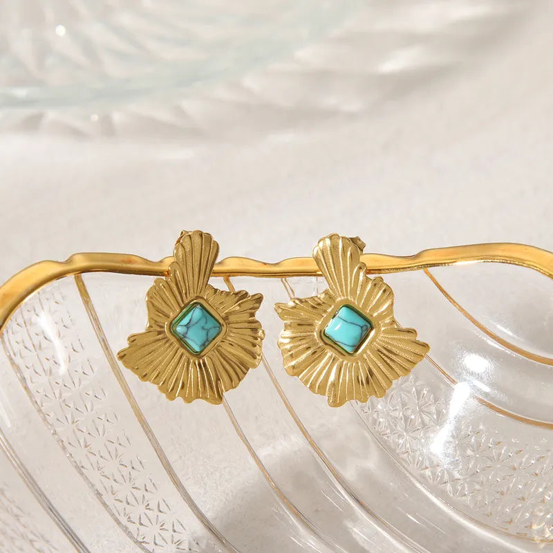 1 Pair Simple Style Commute Solid Color Inlay 304 Stainless Steel Turquoise 18K Gold Plated Ear Studs