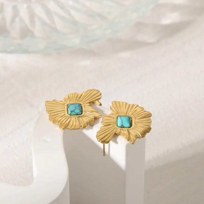 1 Pair Simple Style Commute Solid Color Inlay 304 Stainless Steel Turquoise 18K Gold Plated Ear Studs