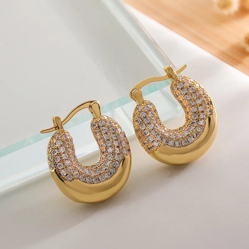 1 Pair Simple Style Commute U Shape Inlay Copper Zircon 18K Gold Plated White Gold Plated Earrings