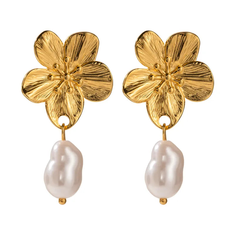 1 Pair Simple Style Flower Inlay Stainless Steel Pearl 18k Gold Plated Drop Earrings