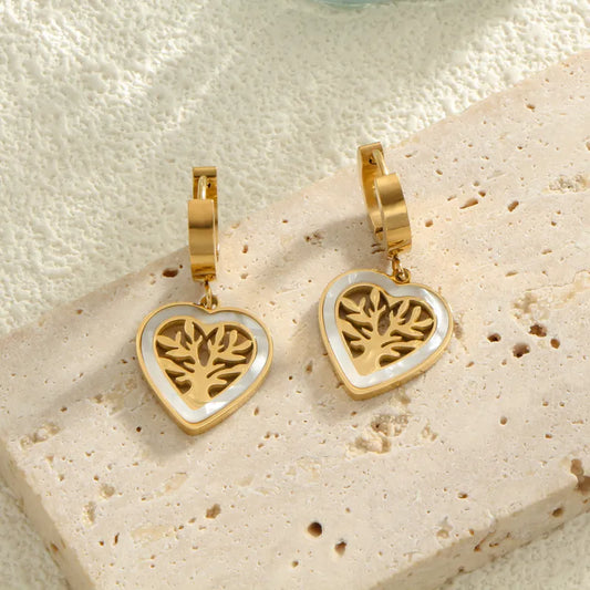 1 Pair Simple Style Heart Shape Life Tree Plating Inlay Titanium Steel Shell 18K Gold Plated Drop Earrings