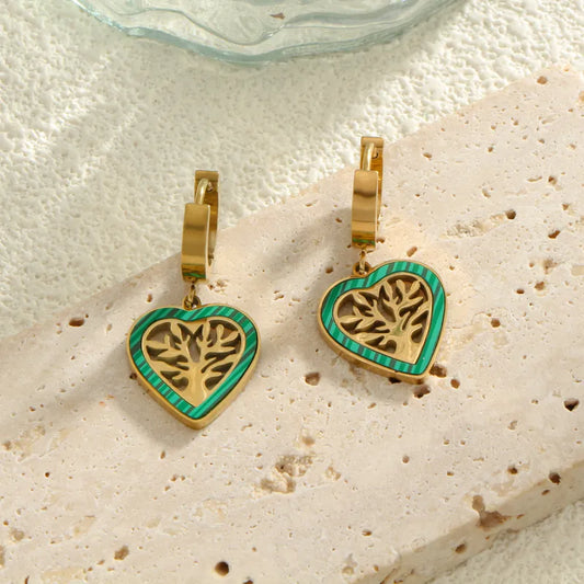 1 Pair Simple Style Heart Shape Life Tree Plating Inlay Titanium Steel Shell 18K Gold Plated Drop Earrings