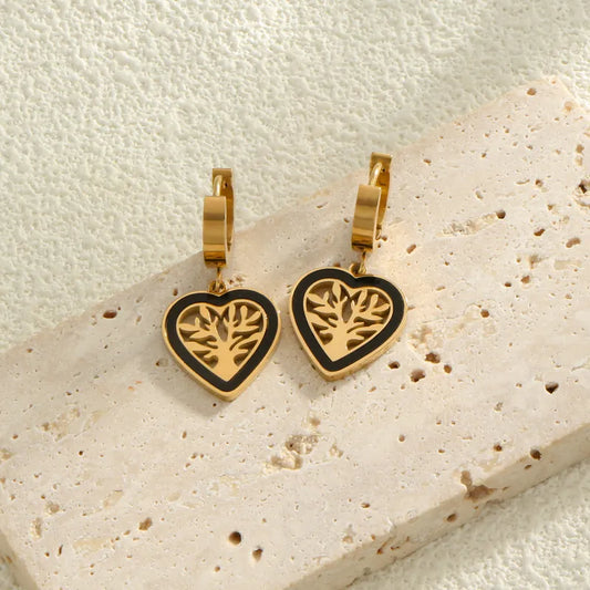 1 Pair Simple Style Heart Shape Life Tree Plating Inlay Titanium Steel Shell 18K Gold Plated Drop Earrings