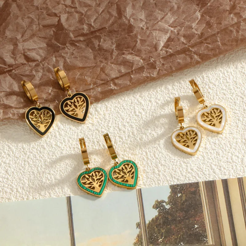 1 Pair Simple Style Heart Shape Life Tree Plating Inlay Titanium Steel Shell 18K Gold Plated Drop Earrings