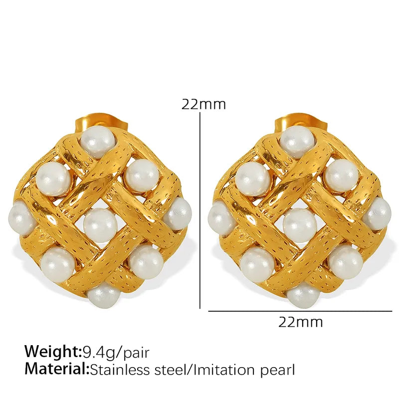 1 Pair Simple Style IG Style Rhombus Polishing Braid Inlay 304 Stainless Steel Artificial Pearls 18K Gold Plated Ear Studs