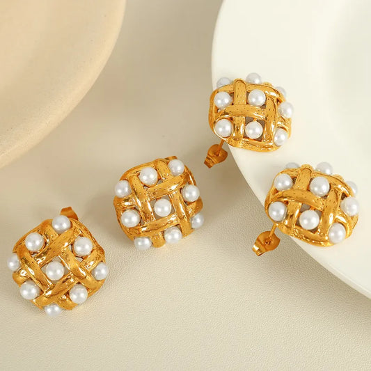 1 Pair Simple Style IG Style Rhombus Polishing Braid Inlay 304 Stainless Steel Artificial Pearls 18K Gold Plated Ear Studs