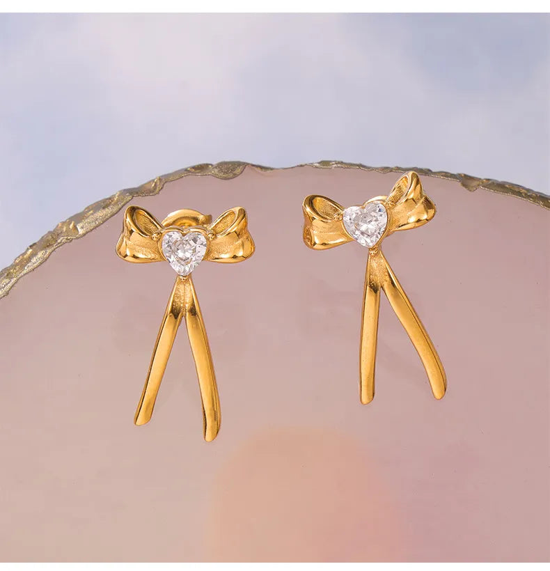 1 Pair Simple Style Korean Style Heart Shape Bow Knot Plating Inlay 304 Stainless Steel Zircon 18K Gold Plated Ear Studs