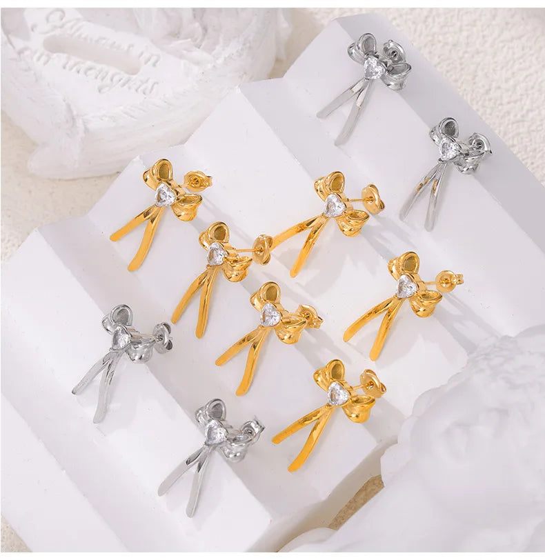 1 Pair Simple Style Korean Style Heart Shape Bow Knot Plating Inlay 304 Stainless Steel Zircon 18K Gold Plated Ear Studs