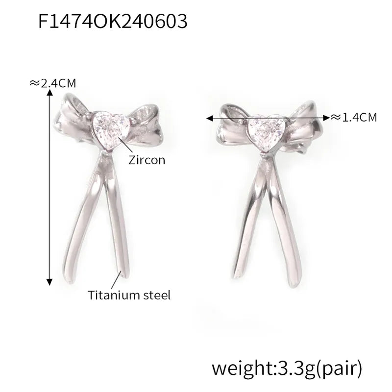 1 Pair Simple Style Korean Style Heart Shape Bow Knot Plating Inlay 304 Stainless Steel Zircon 18K Gold Plated Ear Studs