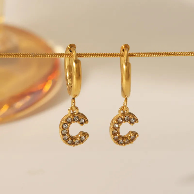 1 Pair Simple Style Letter Inlay 304 Stainless Steel Zircon 18K Gold Plated Drop Earrings