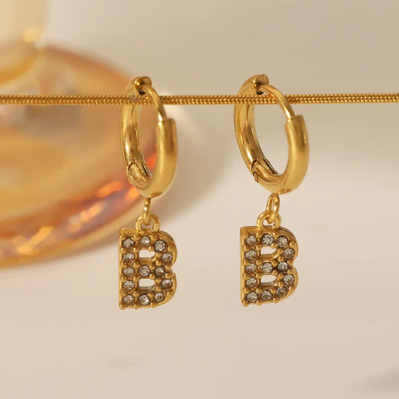 1 Pair Simple Style Letter Inlay 304 Stainless Steel Zircon 18K Gold Plated Drop Earrings