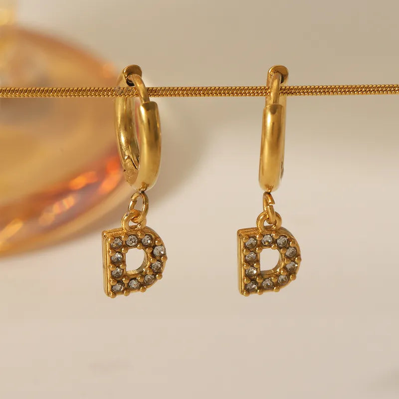 1 Pair Simple Style Letter Inlay 304 Stainless Steel Zircon 18K Gold Plated Drop Earrings