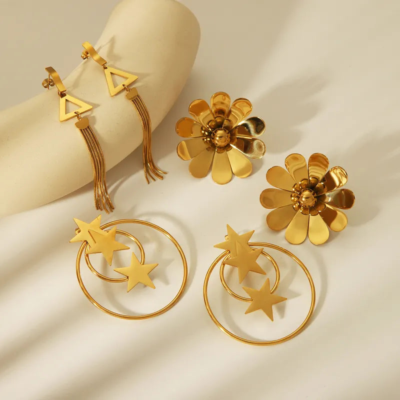 1 Pair Simple Style Pentagram Flower Plating 304 Stainless Steel 18K Gold Plated Drop Earrings