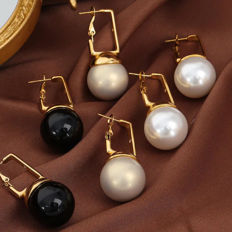 1 Pair Simple Style Round Plating Inlay Titanium Steel Glass Bead Drop Earrings