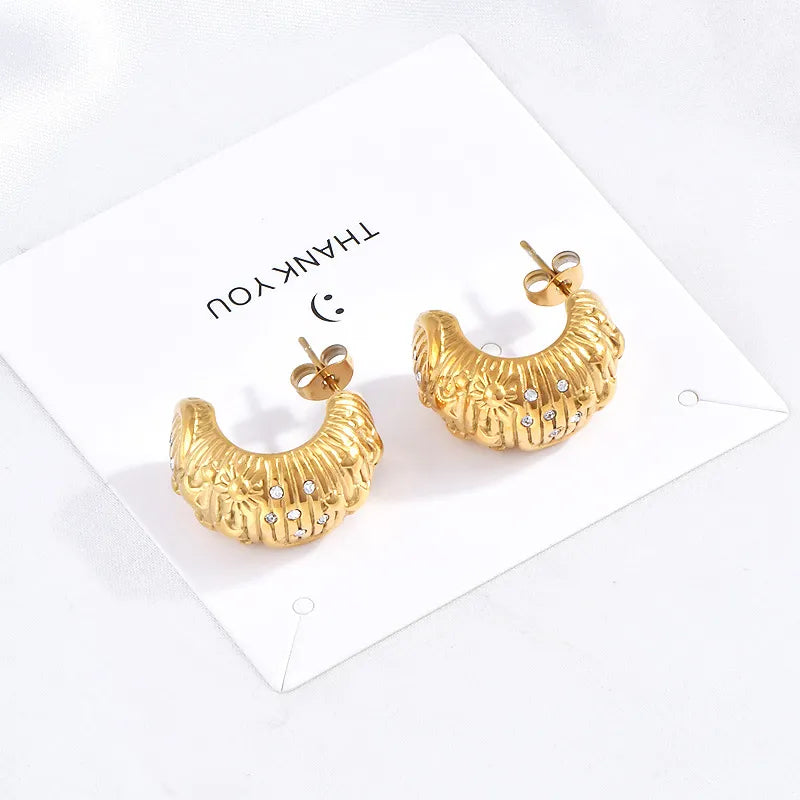 1 Pair Simple Style Shiny C Shape Inlay 304 Stainless Steel Zircon 18K Gold Plated Ear Studs