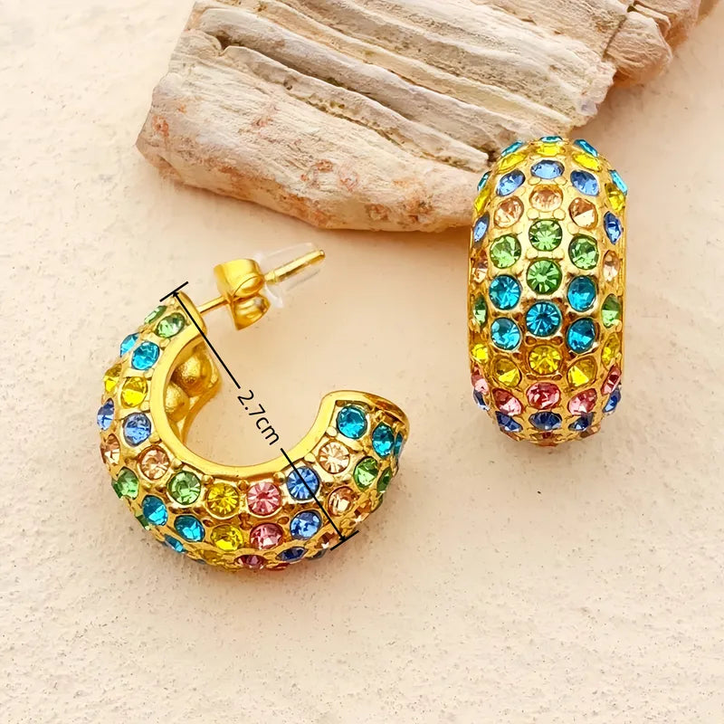 1 Pair Simple Style Shiny C Shape Inlay 304 Stainless Steel Zircon 18K Gold Plated Ear Studs