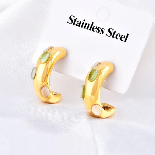 1 Pair Simple Style Shiny C Shape Oval Inlay 304 Stainless Steel Turquoise Rhinestones 18K Gold Plated Ear Studs