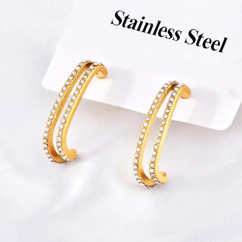 1 Pair Simple Style Shiny Geometric Inlay 304 Stainless Steel Rhinestones 18K Gold Plated Ear Studs