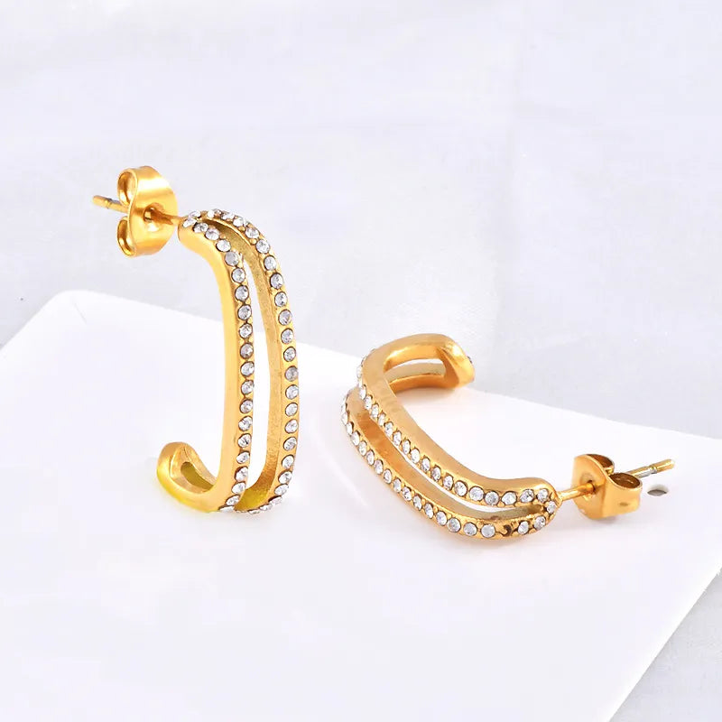 1 Pair Simple Style Shiny Geometric Inlay 304 Stainless Steel Rhinestones 18K Gold Plated Ear Studs