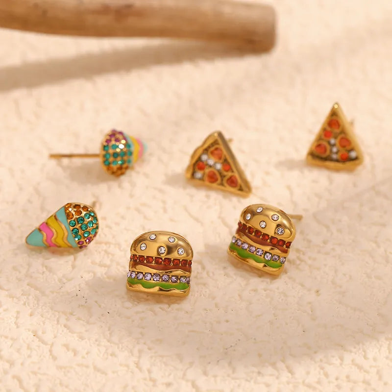 3 Pairs Simple Style Shiny Ice Cream Saturday Hamburger Inlay 304 Stainless Steel Zircon Ear Studs