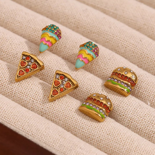 3 Pairs Simple Style Shiny Ice Cream Saturday Hamburger Inlay 304 Stainless Steel Zircon Ear Studs